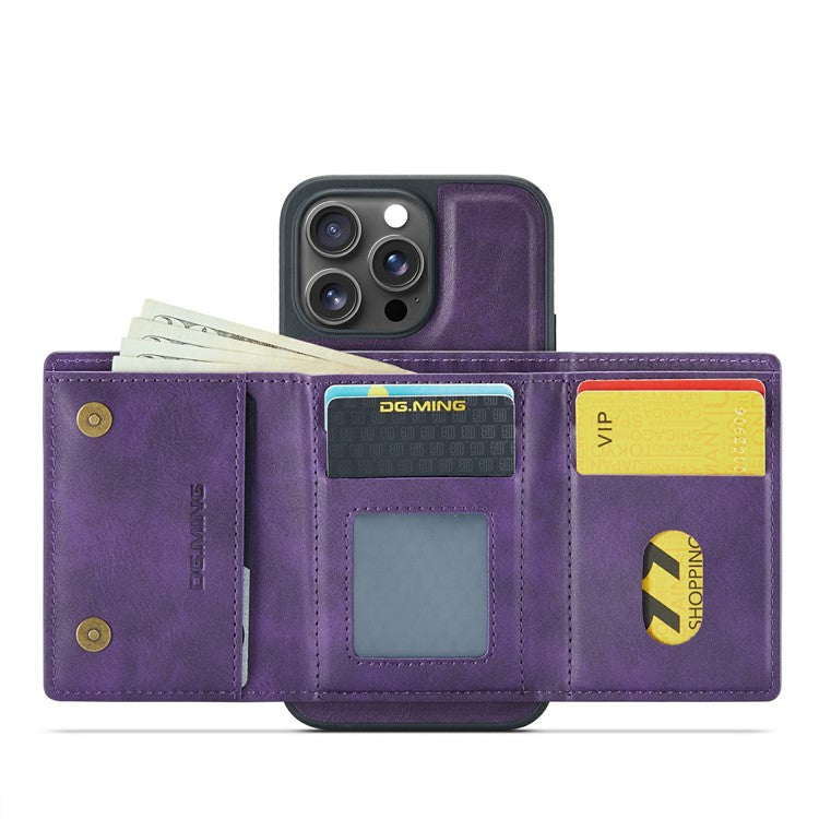 DG.MING M6 Series For iPhone 14 Pro Case Magnetic Wallet PU+PC+TPU Phone Cover - Purple