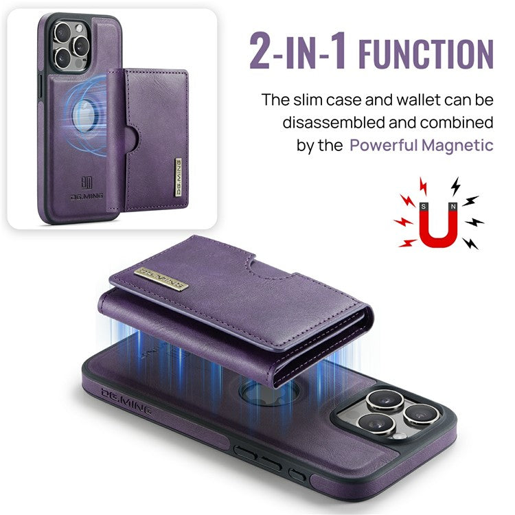 DG.MING M6 Series For iPhone 14 Pro Case Magnetic Wallet PU+PC+TPU Phone Cover - Purple