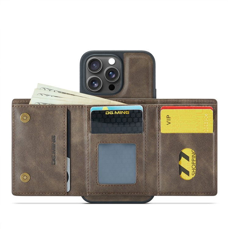 DG.MING M6 Series For iPhone 14 Pro Max Case Magnetic Wallet PU+PC+TPU Phone Cover - Coffee