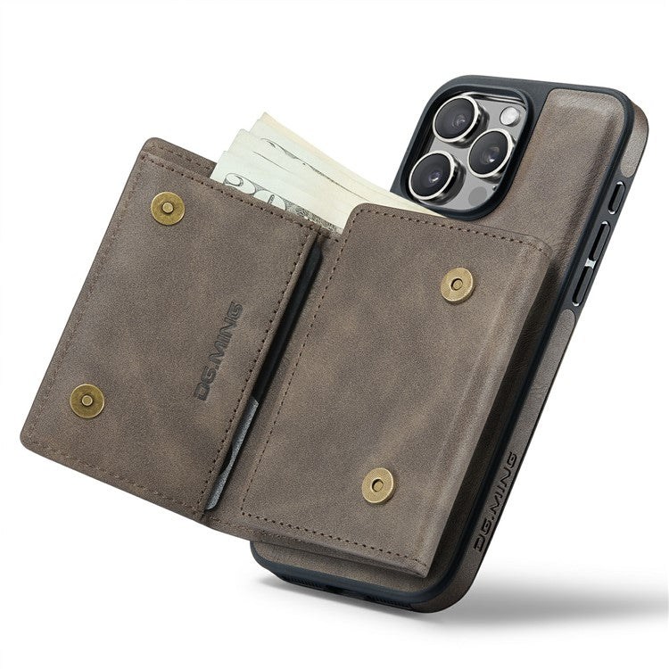 DG.MING M6 Series For iPhone 14 Pro Max Case Magnetic Wallet PU+PC+TPU Phone Cover - Coffee