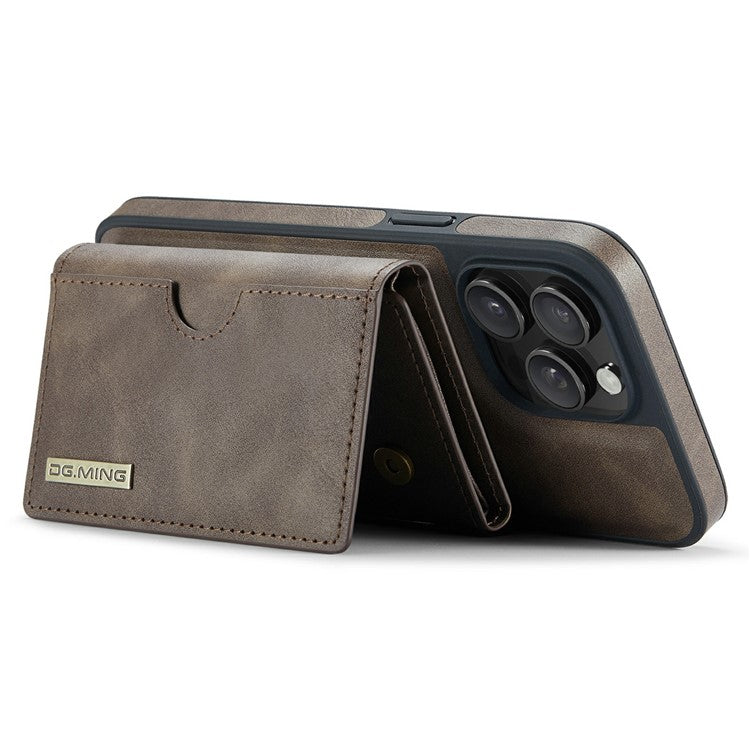 DG.MING M6 Series For iPhone 14 Pro Max Case Magnetic Wallet PU+PC+TPU Phone Cover - Coffee