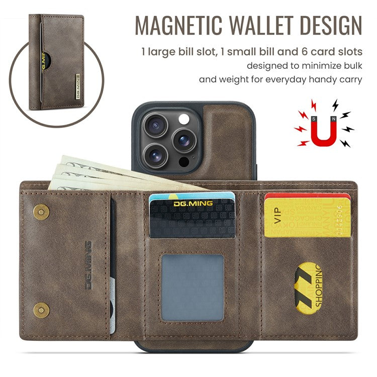 DG.MING M6 Series For iPhone 14 Pro Max Case Magnetic Wallet PU+PC+TPU Phone Cover - Coffee