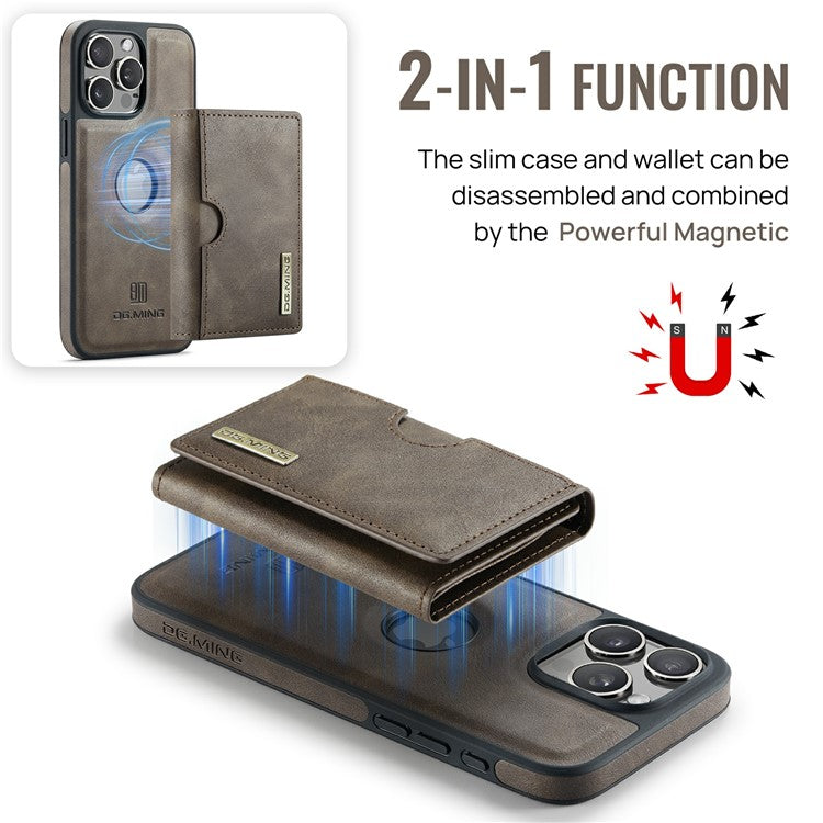 DG.MING M6 Series For iPhone 14 Pro Max Case Magnetic Wallet PU+PC+TPU Phone Cover - Coffee