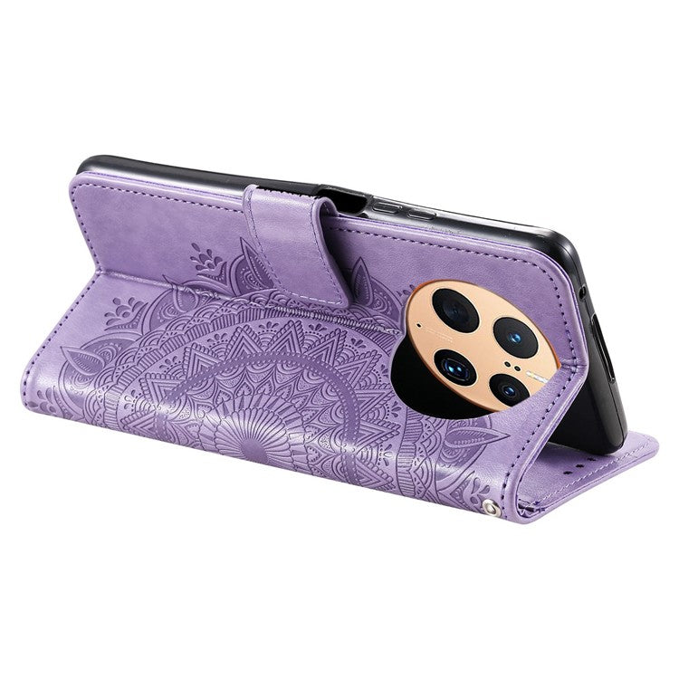 Anti-drop Cell Phone Cover For Huawei Mate 50 Pro 4G, Mandala Flower Pattern Imprinted PU Leather Flip Wallet Case Stand - Purple