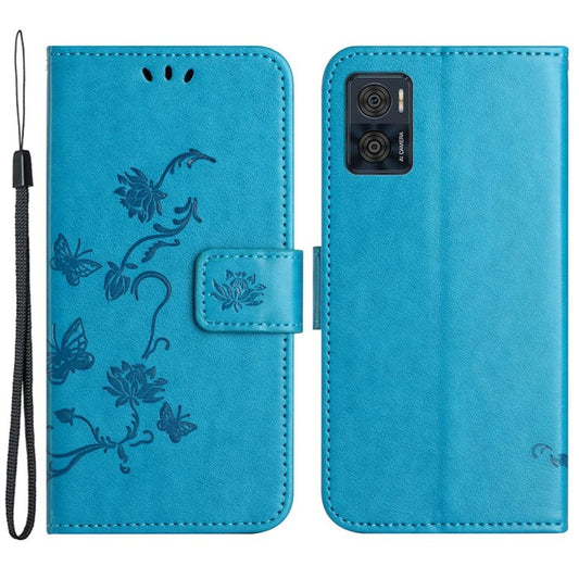 Wallet Case for Motorola Moto E22 4G / E22i 4G, Butterfly Flower Imprinted PU Leather Protective Phone Cover Stand with Strap - Blue