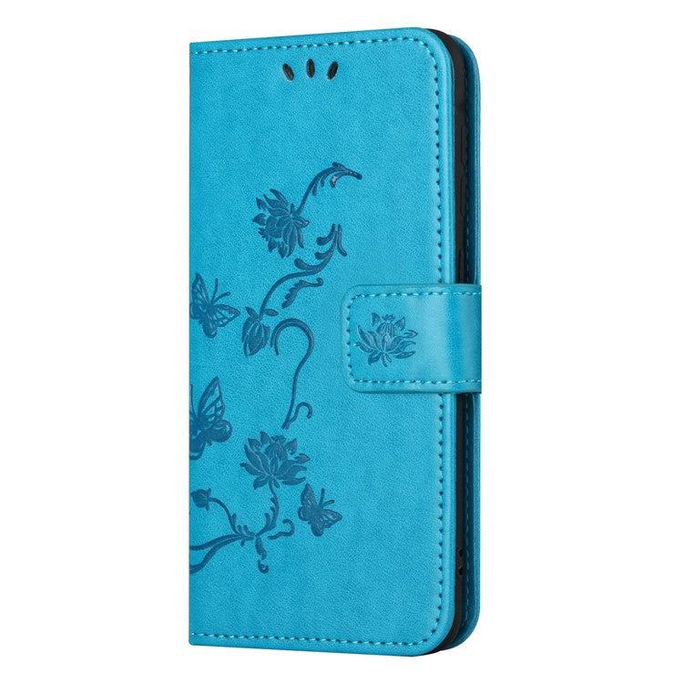 Wallet Case for Motorola Moto E22 4G / E22i 4G, Butterfly Flower Imprinted PU Leather Protective Phone Cover Stand with Strap - Blue