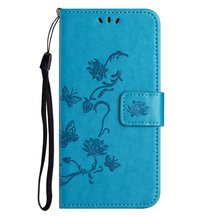 Wallet Case for Motorola Moto E22 4G / E22i 4G, Butterfly Flower Imprinted PU Leather Protective Phone Cover Stand with Strap - Blue