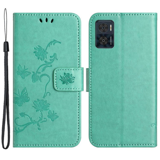 Wallet Case for Motorola Moto E22 4G / E22i 4G, Butterfly Flower Imprinted PU Leather Protective Phone Cover Stand with Strap - Cyan
