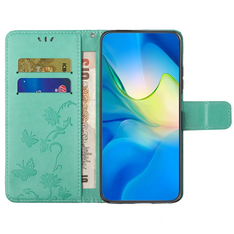 Wallet Case for Motorola Moto E22 4G / E22i 4G, Butterfly Flower Imprinted PU Leather Protective Phone Cover Stand with Strap - Cyan