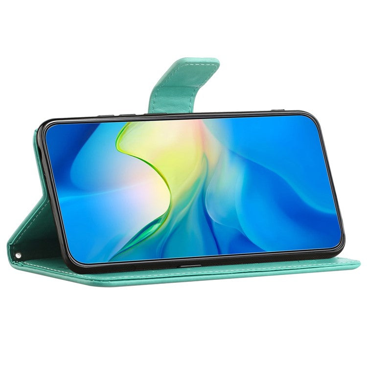 Wallet Case for Motorola Moto E22 4G / E22i 4G, Butterfly Flower Imprinted PU Leather Protective Phone Cover Stand with Strap - Cyan