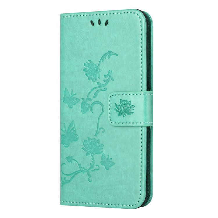 Wallet Case for Motorola Moto E22 4G / E22i 4G, Butterfly Flower Imprinted PU Leather Protective Phone Cover Stand with Strap - Cyan