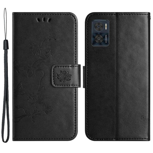 Wallet Case for Motorola Moto E22 4G / E22i 4G, Butterfly Flower Imprinted PU Leather Protective Phone Cover Stand with Strap - Black