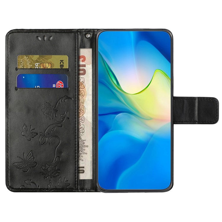 Wallet Case for Motorola Moto E22 4G / E22i 4G, Butterfly Flower Imprinted PU Leather Protective Phone Cover Stand with Strap - Black