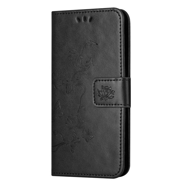 Wallet Case for Motorola Moto E22 4G / E22i 4G, Butterfly Flower Imprinted PU Leather Protective Phone Cover Stand with Strap - Black