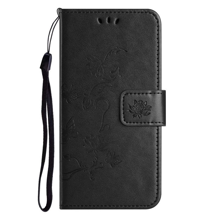 Wallet Case for Motorola Moto E22 4G / E22i 4G, Butterfly Flower Imprinted PU Leather Protective Phone Cover Stand with Strap - Black
