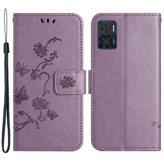 Wallet Case for Motorola Moto E22 4G / E22i 4G, Butterfly Flower Imprinted PU Leather Protective Phone Cover Stand with Strap - Purple