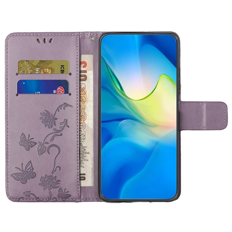 Wallet Case for Motorola Moto E22 4G / E22i 4G, Butterfly Flower Imprinted PU Leather Protective Phone Cover Stand with Strap - Purple