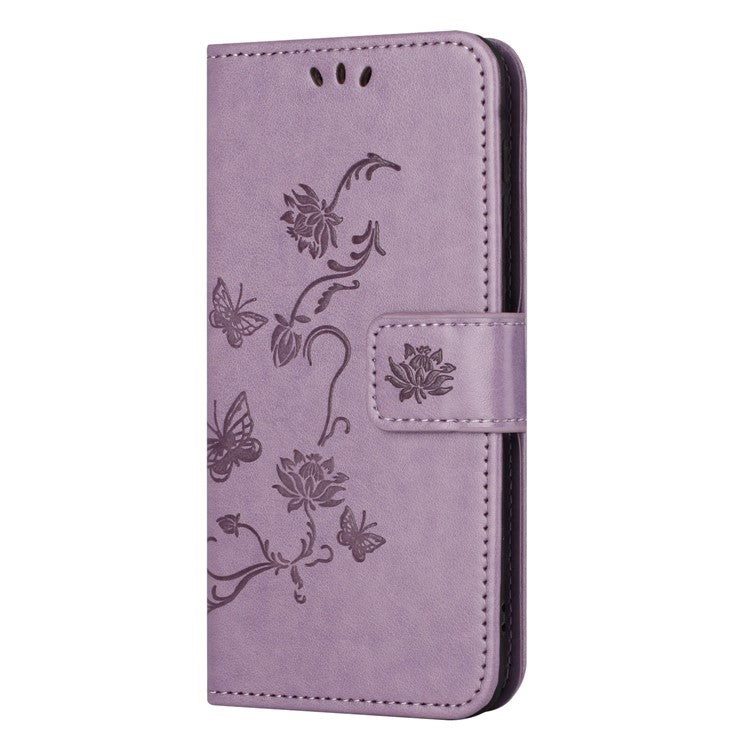 Wallet Case for Motorola Moto E22 4G / E22i 4G, Butterfly Flower Imprinted PU Leather Protective Phone Cover Stand with Strap - Purple