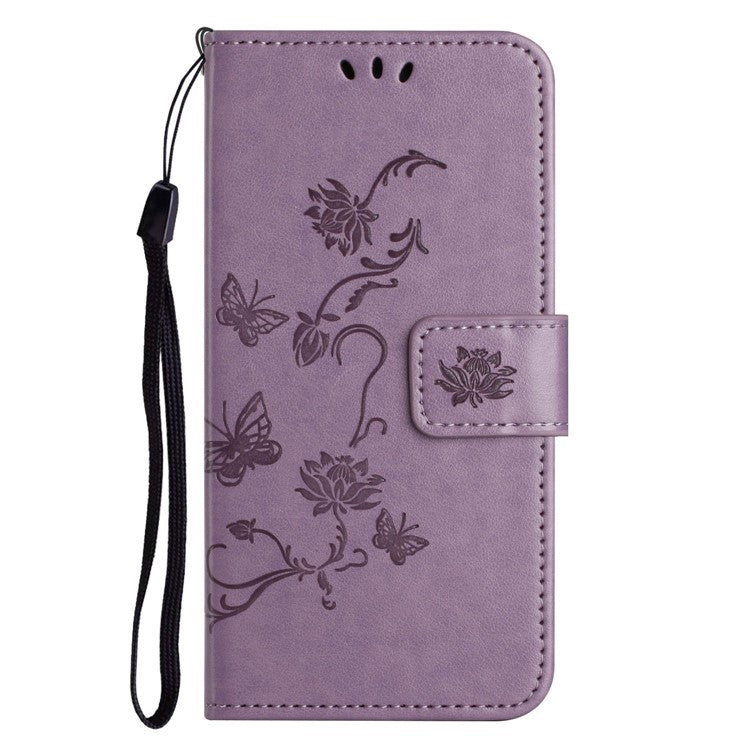 Wallet Case for Motorola Moto E22 4G / E22i 4G, Butterfly Flower Imprinted PU Leather Protective Phone Cover Stand with Strap - Purple