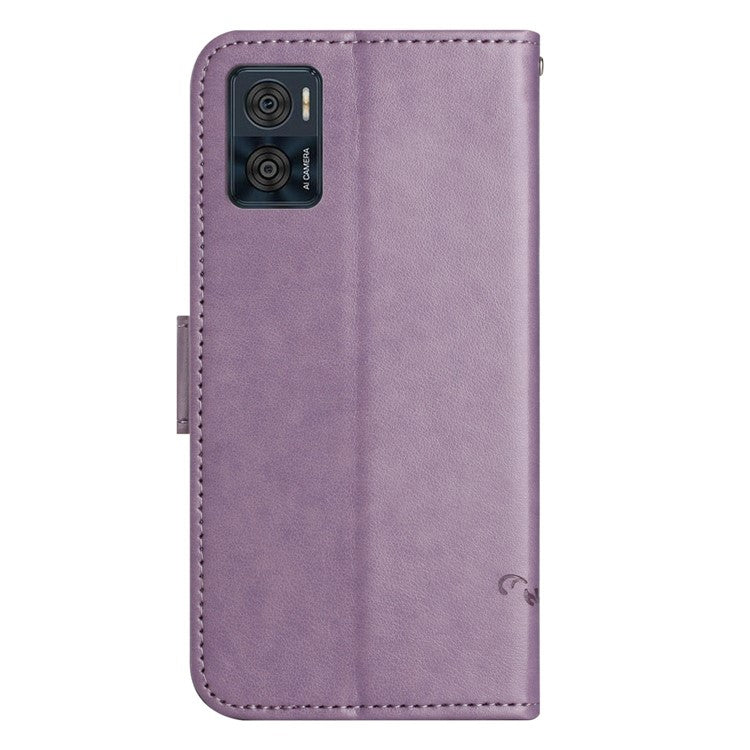 Wallet Case for Motorola Moto E22 4G / E22i 4G, Butterfly Flower Imprinted PU Leather Protective Phone Cover Stand with Strap - Purple