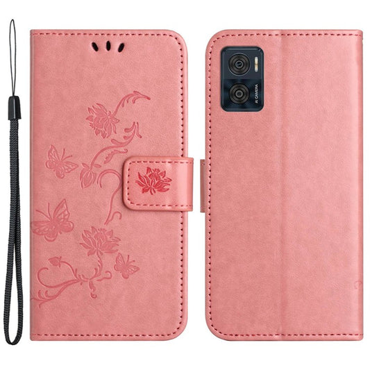 Wallet Case for Motorola Moto E22 4G / E22i 4G, Butterfly Flower Imprinted PU Leather Protective Phone Cover Stand with Strap - Pink