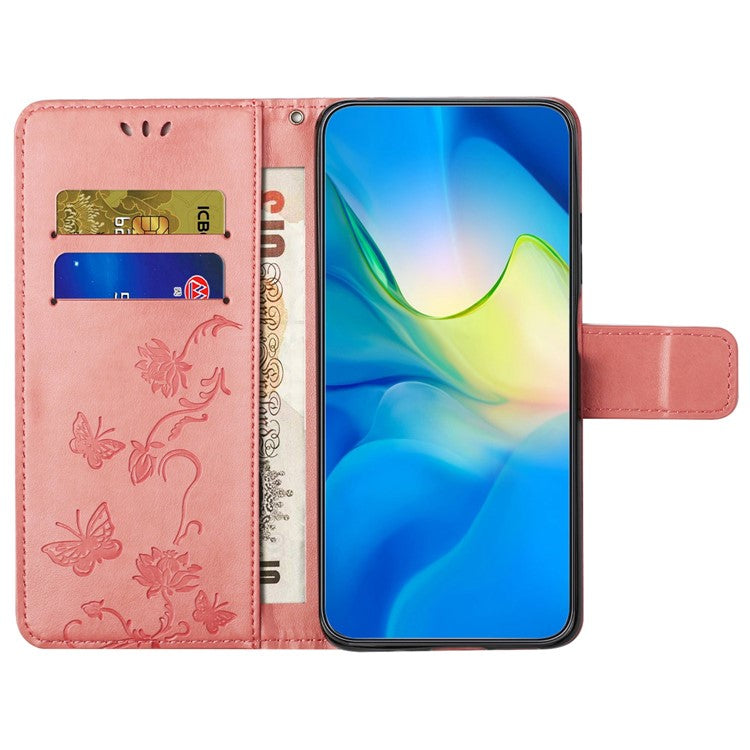 Wallet Case for Motorola Moto E22 4G / E22i 4G, Butterfly Flower Imprinted PU Leather Protective Phone Cover Stand with Strap - Pink