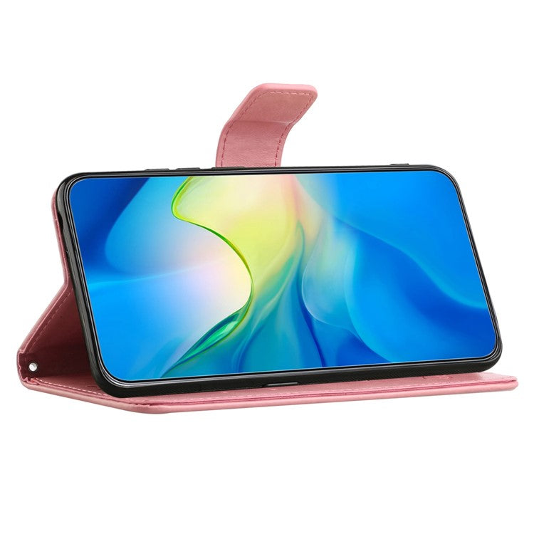 Wallet Case for Motorola Moto E22 4G / E22i 4G, Butterfly Flower Imprinted PU Leather Protective Phone Cover Stand with Strap - Pink