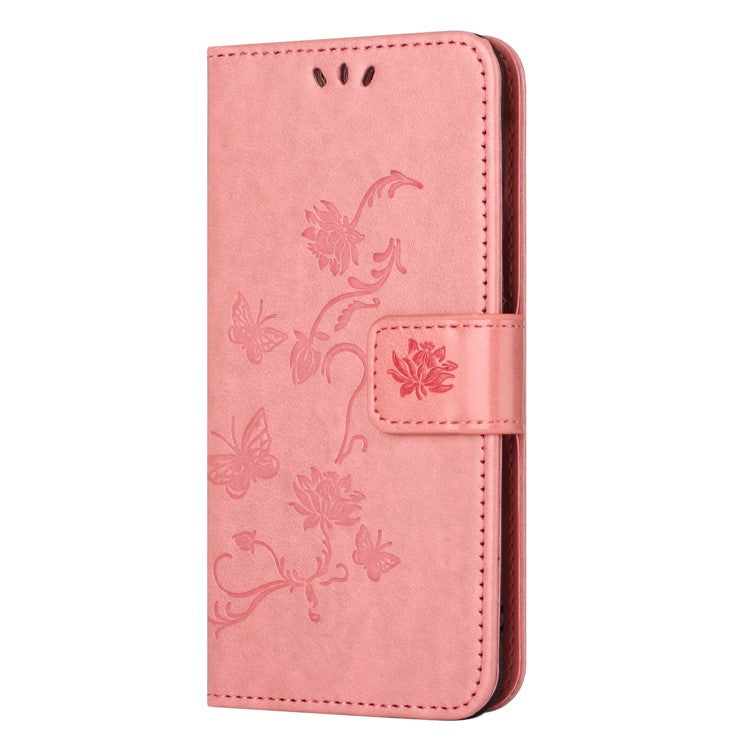 Wallet Case for Motorola Moto E22 4G / E22i 4G, Butterfly Flower Imprinted PU Leather Protective Phone Cover Stand with Strap - Pink