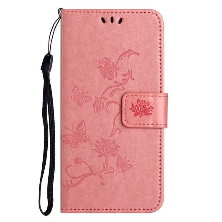 Wallet Case for Motorola Moto E22 4G / E22i 4G, Butterfly Flower Imprinted PU Leather Protective Phone Cover Stand with Strap - Pink