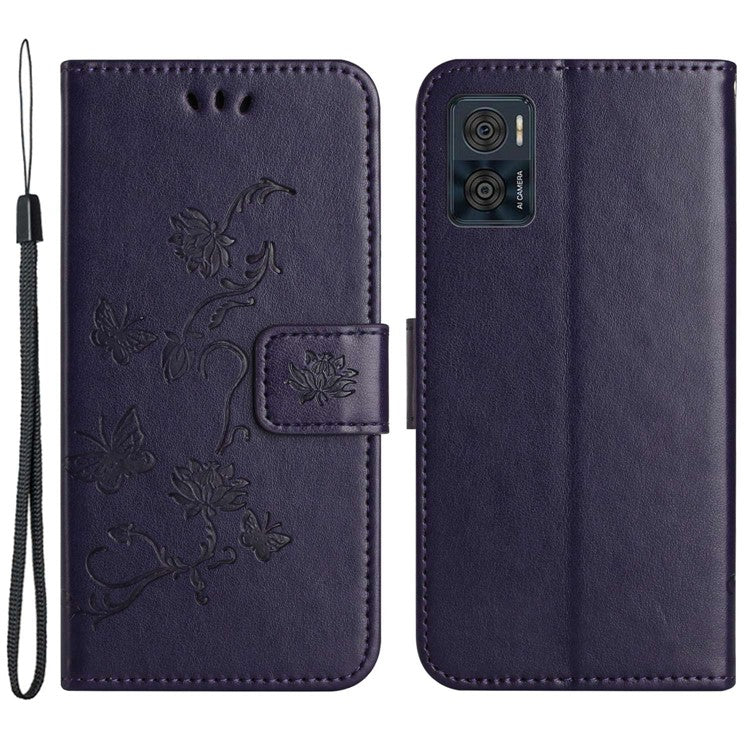 Wallet Case for Motorola Moto E22 4G / E22i 4G, Butterfly Flower Imprinted PU Leather Protective Phone Cover Stand with Strap - Dark Purple