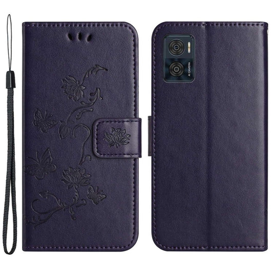 Wallet Case for Motorola Moto E22 4G / E22i 4G, Butterfly Flower Imprinted PU Leather Protective Phone Cover Stand with Strap - Dark Purple