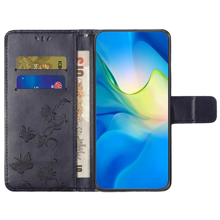 Wallet Case for Motorola Moto E22 4G / E22i 4G, Butterfly Flower Imprinted PU Leather Protective Phone Cover Stand with Strap - Dark Purple