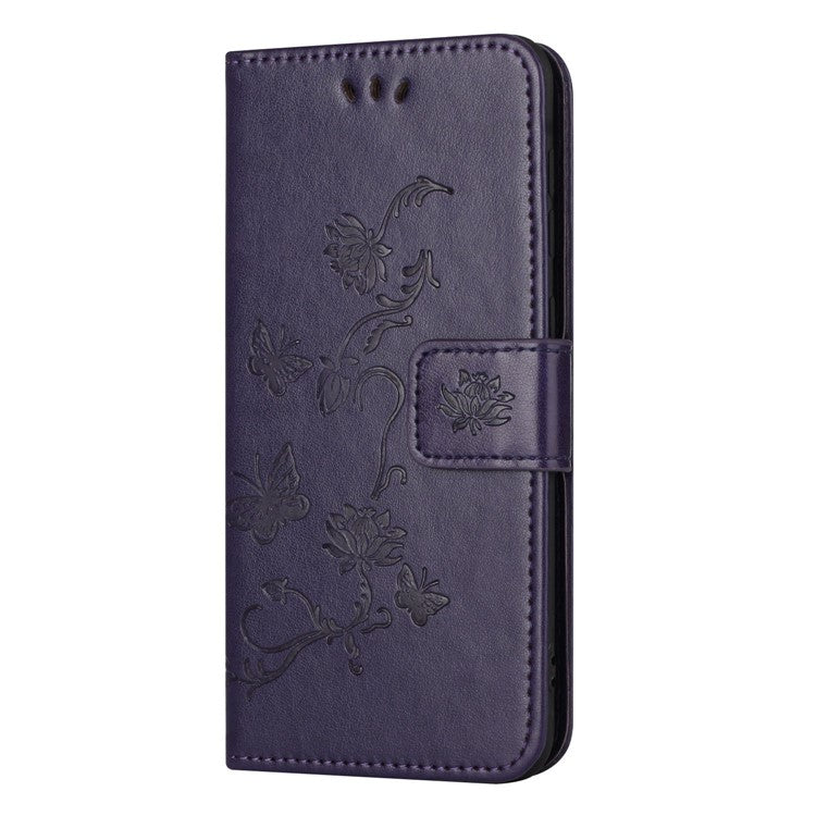 Wallet Case for Motorola Moto E22 4G / E22i 4G, Butterfly Flower Imprinted PU Leather Protective Phone Cover Stand with Strap - Dark Purple