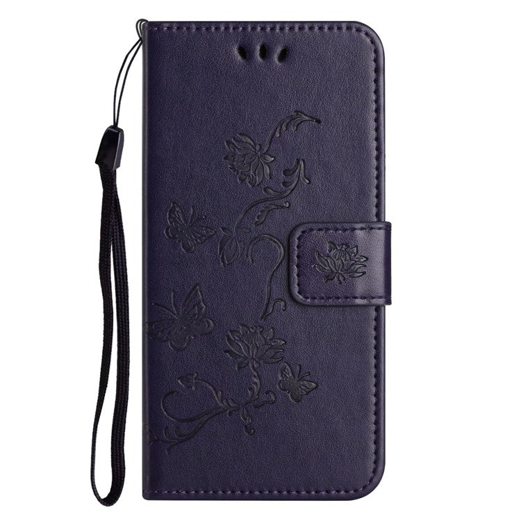Wallet Case for Motorola Moto E22 4G / E22i 4G, Butterfly Flower Imprinted PU Leather Protective Phone Cover Stand with Strap - Dark Purple