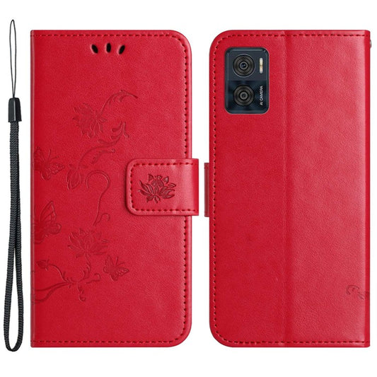 Wallet Case for Motorola Moto E22 4G / E22i 4G, Butterfly Flower Imprinted PU Leather Protective Phone Cover Stand with Strap - Red