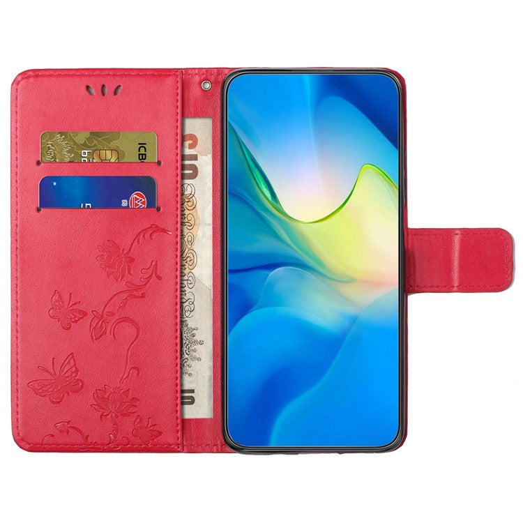 Wallet Case for Motorola Moto E22 4G / E22i 4G, Butterfly Flower Imprinted PU Leather Protective Phone Cover Stand with Strap - Red