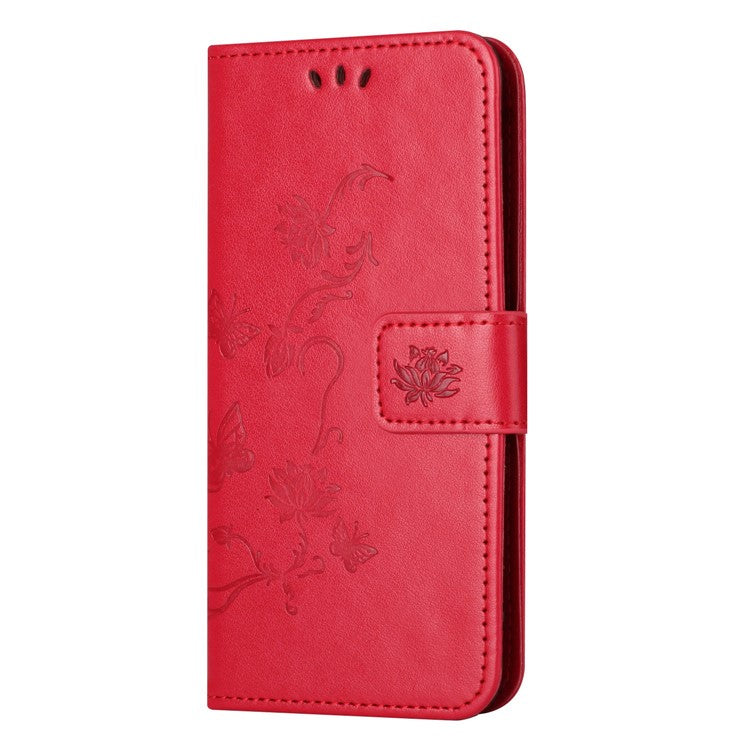 Wallet Case for Motorola Moto E22 4G / E22i 4G, Butterfly Flower Imprinted PU Leather Protective Phone Cover Stand with Strap - Red