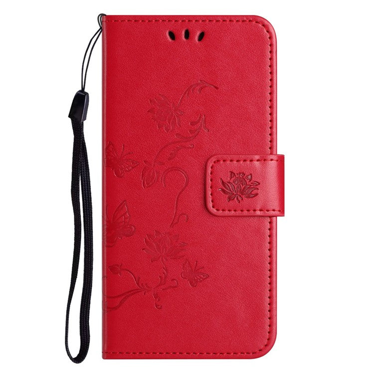 Wallet Case for Motorola Moto E22 4G / E22i 4G, Butterfly Flower Imprinted PU Leather Protective Phone Cover Stand with Strap - Red