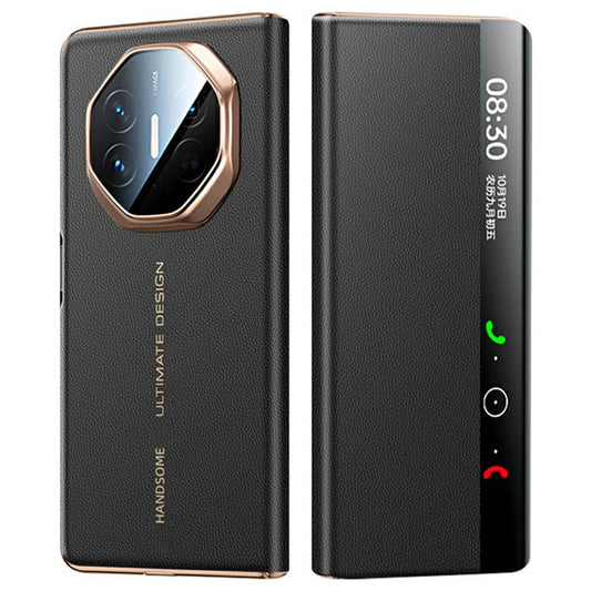 For Huawei Mate X5 Case View Window Genuine Cow Leather Smart Phone Cover - Black