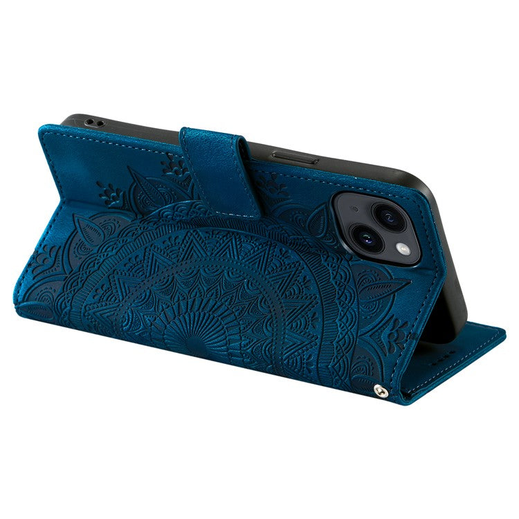 Style 018 For iPhone 14 Case Imprinted Totem Skin Feel Wallet Leather Phone Cover - Blue