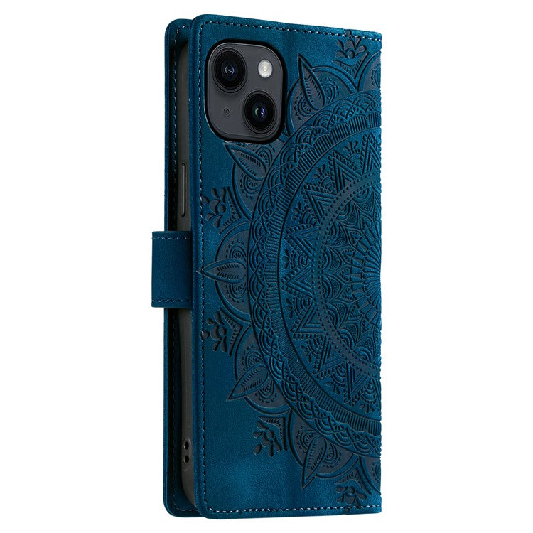 Style 018 For iPhone 14 Case Imprinted Totem Skin Feel Wallet Leather Phone Cover - Blue