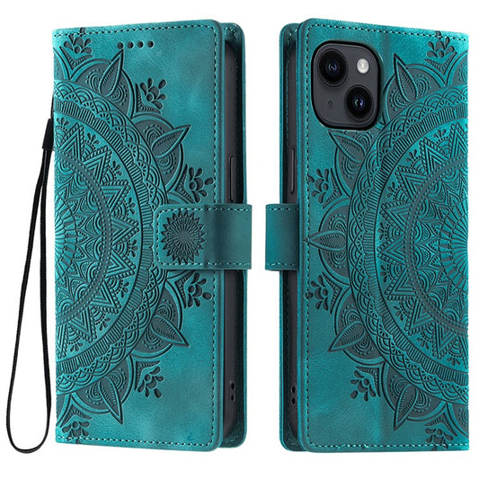 Style 018 For iPhone 14 Case Imprinted Totem Skin Feel Wallet Leather Phone Cover - Mint Green