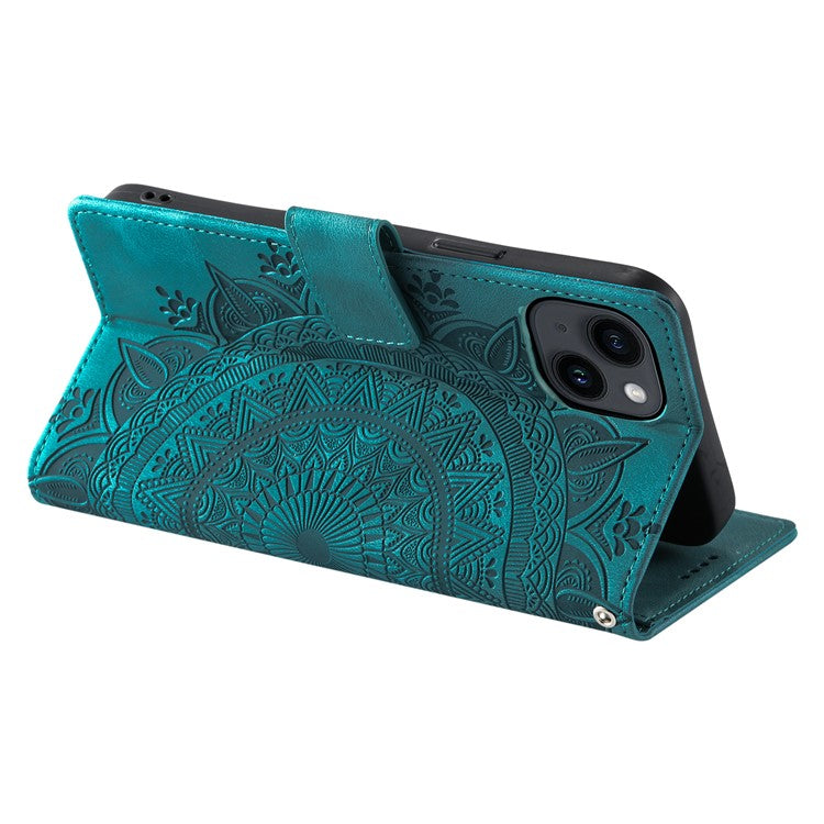 Style 018 For iPhone 14 Case Imprinted Totem Skin Feel Wallet Leather Phone Cover - Mint Green