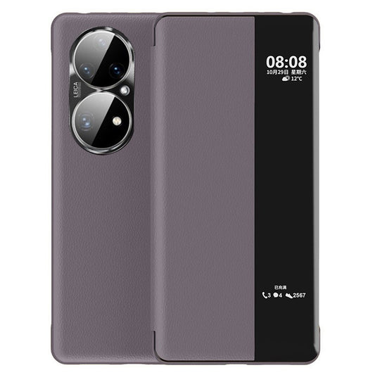 Auto Wake / Sleep PU Leather Phone Case for Huawei P50 Pro 4G, Touch Slide Button Full Protection Cover with View Window - Purple