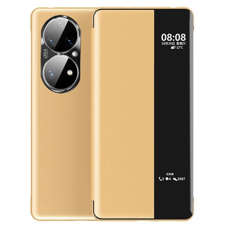Auto Wake / Sleep PU Leather Phone Case for Huawei P50 Pro 4G, Touch Slide Button Full Protection Cover with View Window - Gold