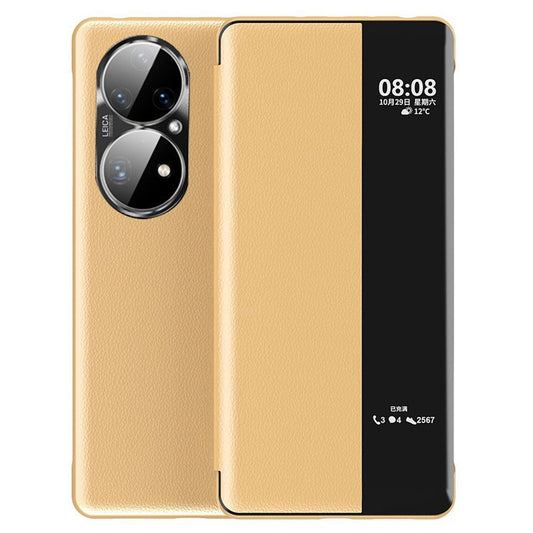 Auto Wake / Sleep PU Leather Phone Case for Huawei P50 Pro 4G, Touch Slide Button Full Protection Cover with View Window - Gold