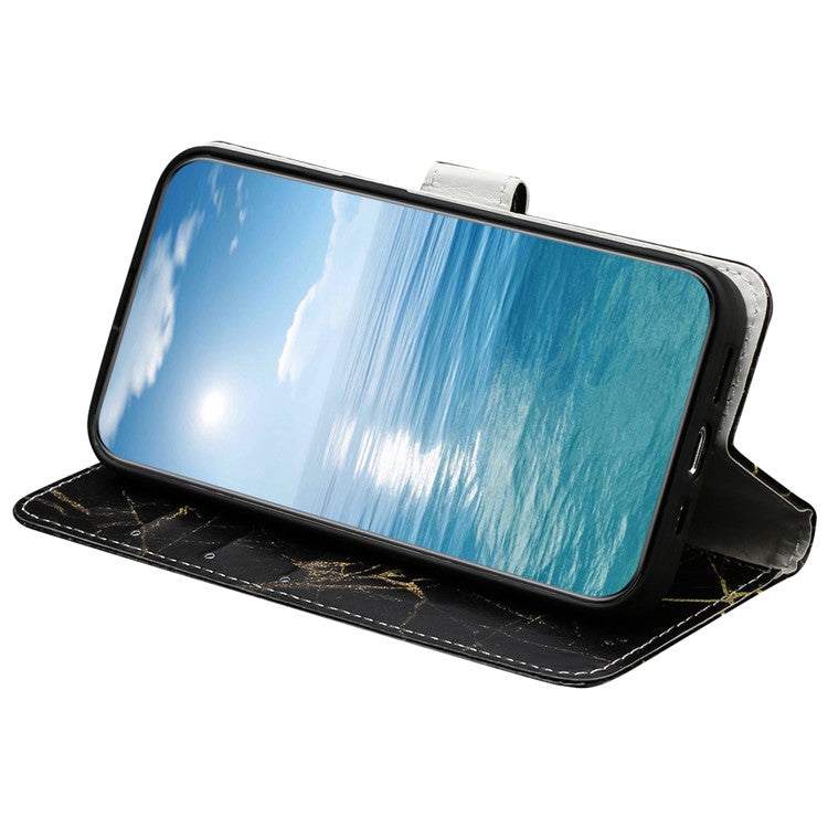 For Motorola Moto G35 5G Case Pattern PU Leather Flip Phone Cover - Black Gold Marble