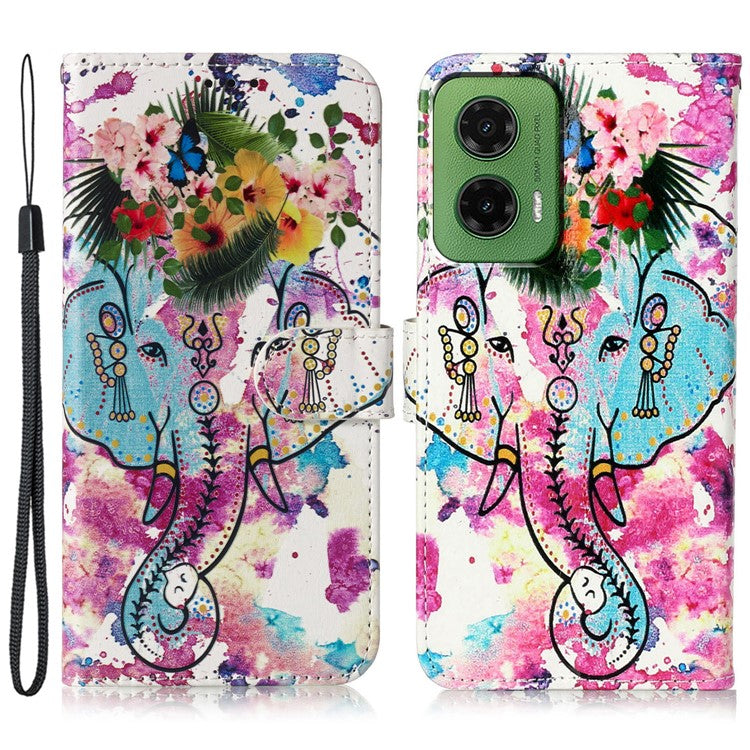 For Motorola Moto G35 5G Case Pattern Leather Wallet Phone Cover with Card Holder - Flower Elephant