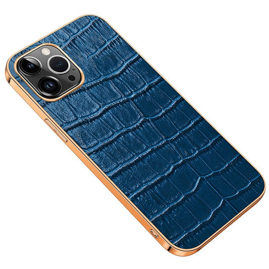 Electroplating Phone Case for iPhone 14 Pro Shockproof Anti-Drop Case Crocodile Texture Genuine Leather Coated TPU Back Cover - Blue