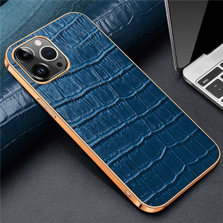 Electroplating Phone Case for iPhone 14 Pro Shockproof Anti-Drop Case Crocodile Texture Genuine Leather Coated TPU Back Cover - Blue